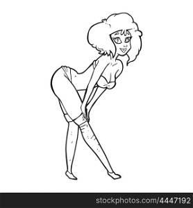 freehand drawn black and white cartoon pin up girl putting on stockings