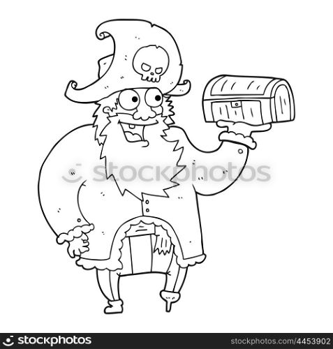 freehand drawn black and white cartoon pirate captain with treasure chest