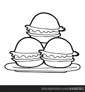 freehand drawn black and white cartoon plate of burgers