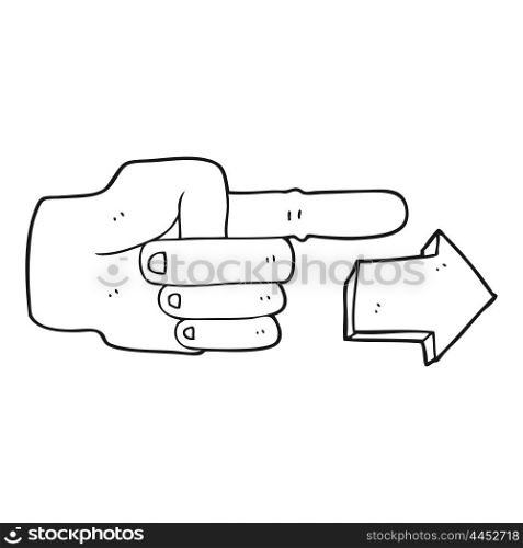 freehand drawn black and white cartoon pointing hand with arrow