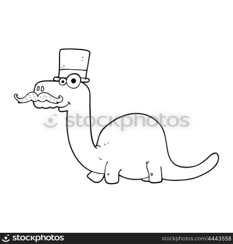 freehand drawn black and white cartoon posh dinosaur