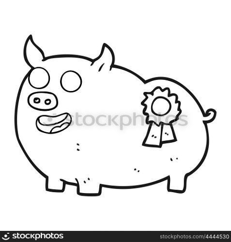 freehand drawn black and white cartoon prize winning pig