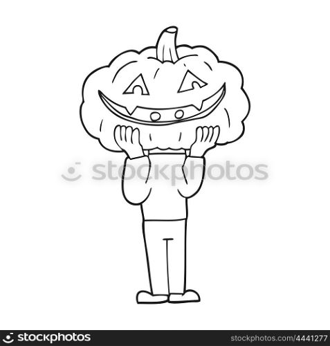 freehand drawn black and white cartoon pumpkin head halloween costume