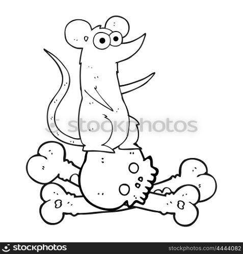 freehand drawn black and white cartoon rat on bones