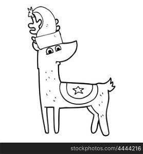 freehand drawn black and white cartoon reindeer wearing christmas hat