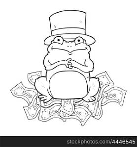 freehand drawn black and white cartoon rich frog in top hat