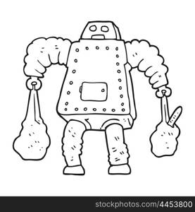 freehand drawn black and white cartoon robot carrying shopping