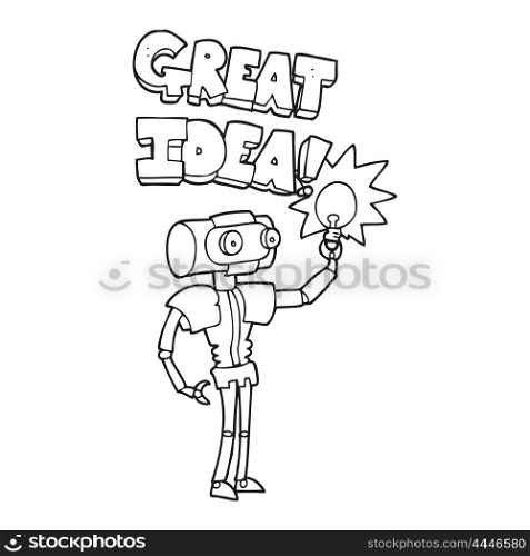 freehand drawn black and white cartoon robot with great idea