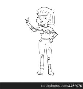 freehand drawn black and white cartoon rock girl