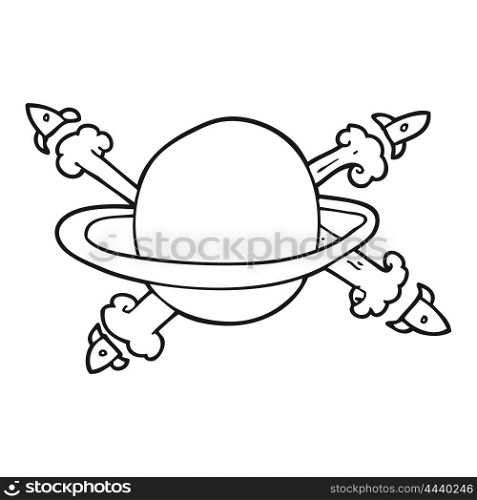 freehand drawn black and white cartoon rockets leaving a planet