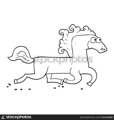 freehand drawn black and white cartoon running horse