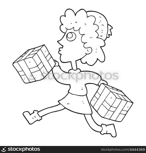 freehand drawn black and white cartoon running woman with presents