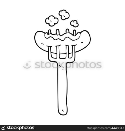freehand drawn black and white cartoon sausage on fork