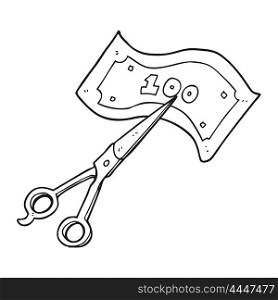 freehand drawn black and white cartoon scissors cutting money