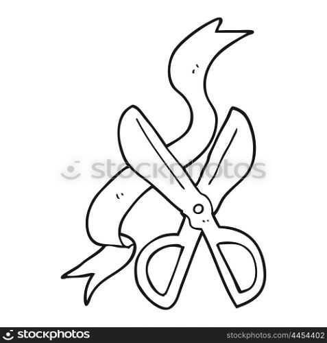 freehand drawn black and white cartoon scissors cutting ribbon