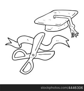 freehand drawn black and white cartoon scissors cutting ribbon at graduation