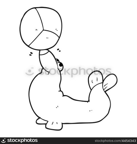 freehand drawn black and white cartoon seal balancing ball