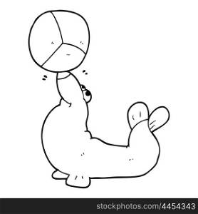 freehand drawn black and white cartoon seal balancing ball
