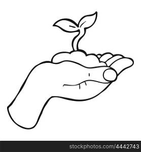 freehand drawn black and white cartoon seedling growing held in hand