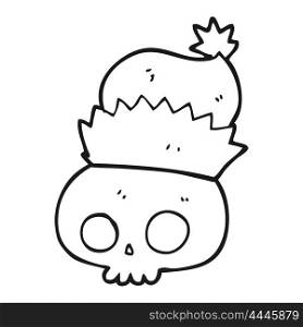freehand drawn black and white cartoon skull wearing christmas hat
