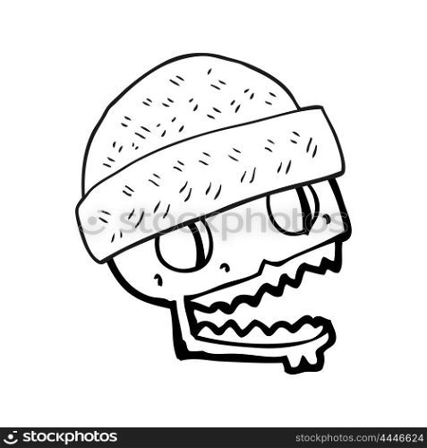 freehand drawn black and white cartoon skull wearing hat