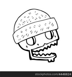 freehand drawn black and white cartoon skull wearing hat