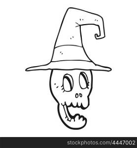 freehand drawn black and white cartoon skull wearing witch hat