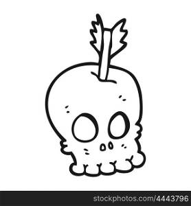 freehand drawn black and white cartoon skull with arrow