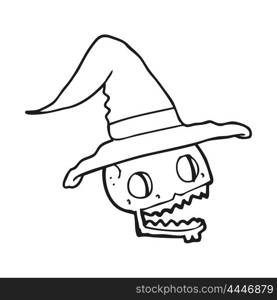 freehand drawn black and white cartoon skulll wearing witch hat