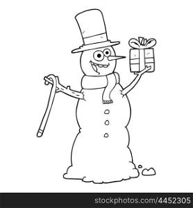 freehand drawn black and white cartoon snowman holding present