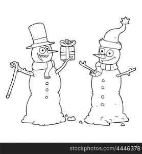 freehand drawn black and white cartoon snowmen exchanging gifts