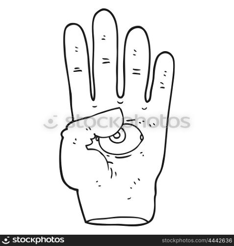 freehand drawn black and white cartoon spooky hand with eyeball