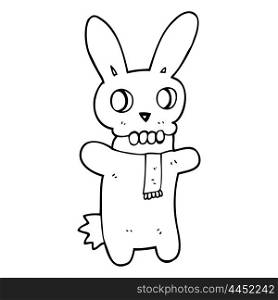 freehand drawn black and white cartoon spooky skull rabbit