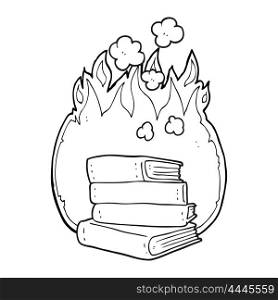 freehand drawn black and white cartoon stack of books burning