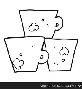 freehand drawn black and white cartoon stack of coffee cups