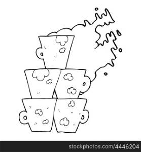 freehand drawn black and white cartoon stack of dirty coffee cups