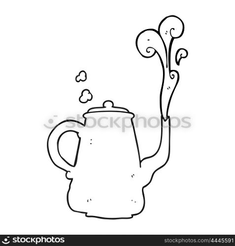 freehand drawn black and white cartoon steaming coffee pot