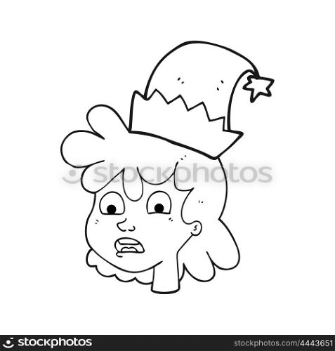 freehand drawn black and white cartoon stressed woman wearing santa hat