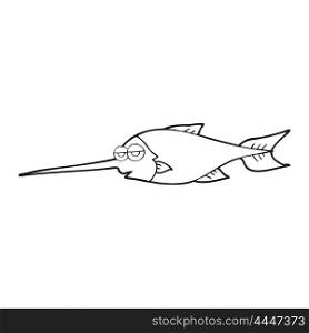 freehand drawn black and white cartoon swordfish