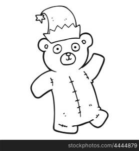 freehand drawn black and white cartoon teddy bear wearing christmas hat