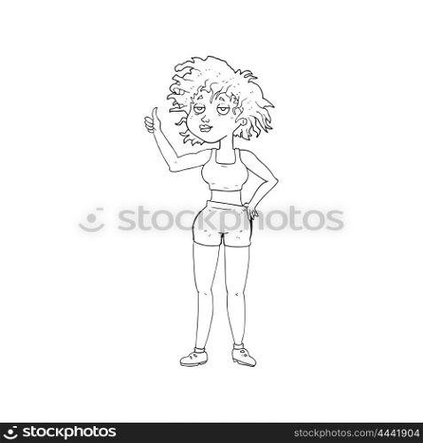freehand drawn black and white cartoon tired gym woman