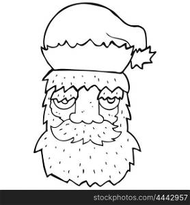 freehand drawn black and white cartoon tired santa claus face