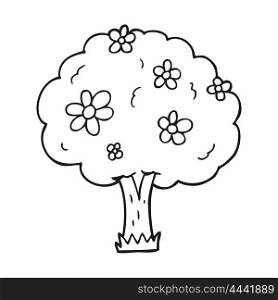 freehand drawn black and white cartoon tree with flowers