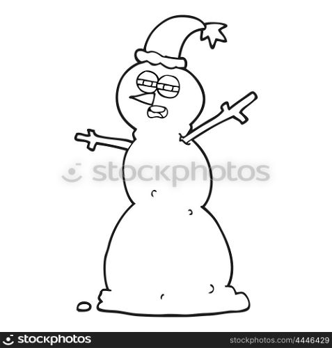 freehand drawn black and white cartoon unhappy snowman