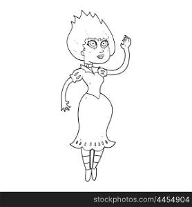 freehand drawn black and white cartoon vampire girl waving