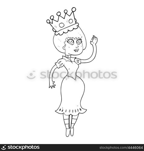 freehand drawn black and white cartoon vampire queen waving