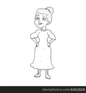 freehand drawn black and white cartoon victorian woman in dress