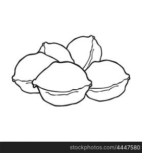 freehand drawn black and white cartoon walnuts in shell