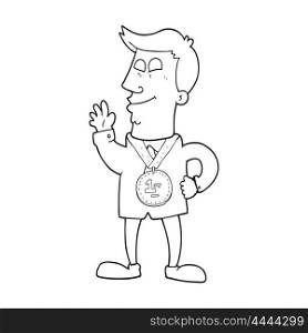 freehand drawn black and white cartoon waving man with award