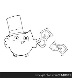 freehand drawn black and white cartoon wealthy little owl with top hat